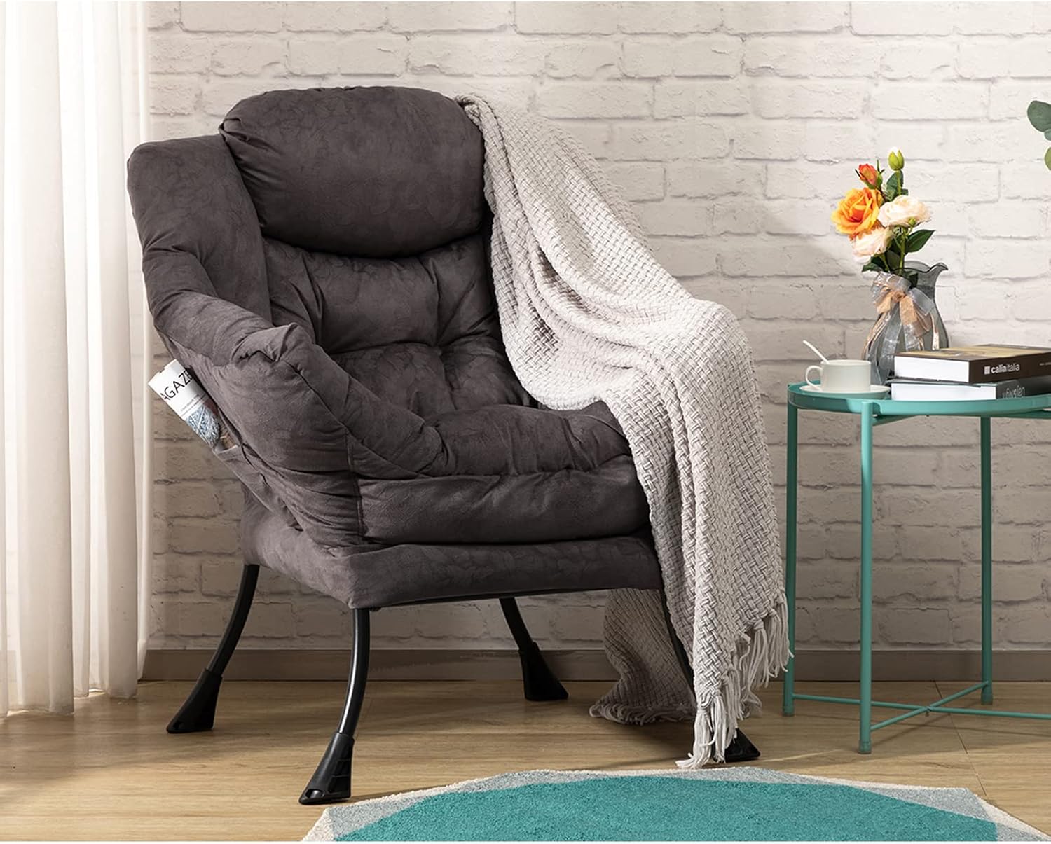 HollyHOME Lazy Chair with Armrest and Side Pocket, Comfy Accent Lounge Chair,Leisure Sofa Armchair for Living Room, Bedroom, Dorm, or Small Spaces, Oversized Reading Sofa Chair,Textured Charcoal Gray