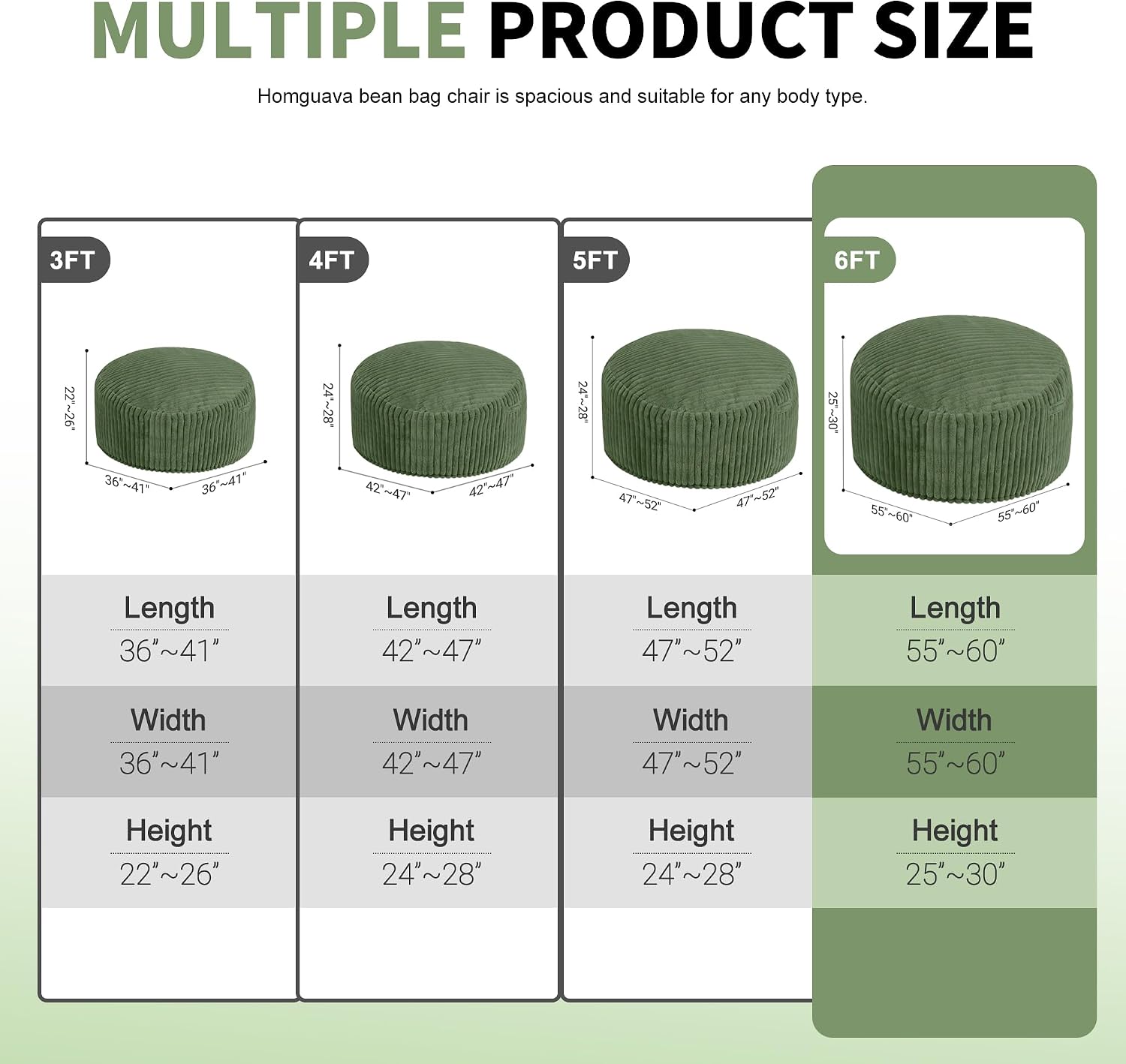 Homguava 6 FT Bean Bag Chair,6' Big Bean Bag,Giant Bean Bag Chairs for Adults with Memory Foam Filled,Comfy Large Beanbag Chairs Soft Bean Bag Sofa with Dutch Corded Plush Cover-Green