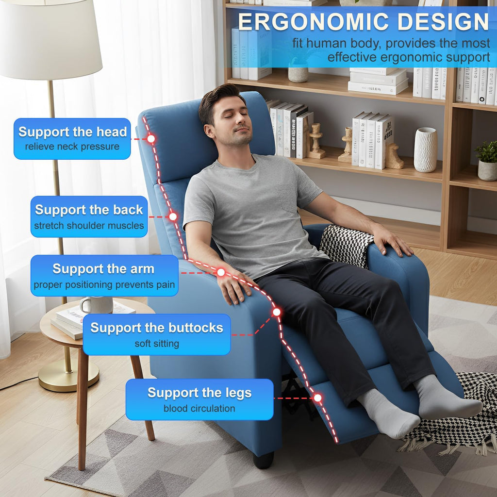 BestMassage | Recliner Chair | No Massage Function | Textile Blue | with Lumbar Support, Adjustable Push Back, Wide Armrests, Footrest & Padded Seat | Easy Assembly | for Living Room, Home Theatre