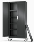 Metal Garage Storage Cabinets and storage system, 71'Tall Rolling utility cabinet with Wheels, Lock, 4 Adjustable Shelves, Heavy Duty Steel Tool Locker for Home Office, Utility Room, Gym,Black