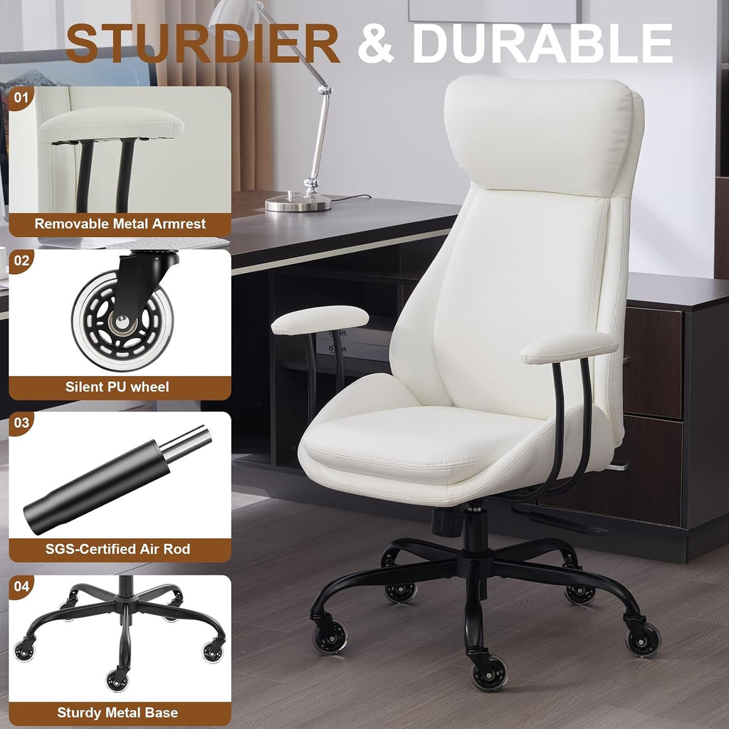 E-Motie Office Chair, Leather Desk Chair with Rubber Wheels, Ergonomic Computer Chair 500 LBS with Lumbar Support, High Back Executive Chair for Modern Home Office, White