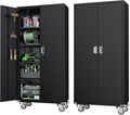 Greenvelly Metal Storage Cabinet with Wheels, 72' Black Garage Rolling Cabinet with Doors and 4 Shelves, Steel Locking Cabinets Tall Tool Lockable Storage Cabinets for Basement, Pantry, Home Office
