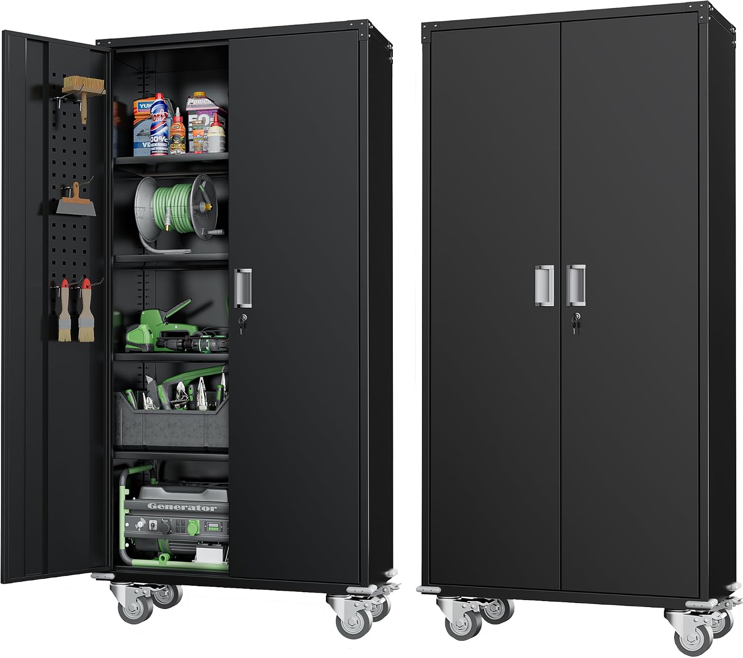Greenvelly Metal Storage Cabinet with Wheels, 72' Black Garage Rolling Cabinet with Doors and 4 Shelves, Steel Locking Cabinets Tall Tool Lockable Storage Cabinets for Basement, Pantry, Home Office