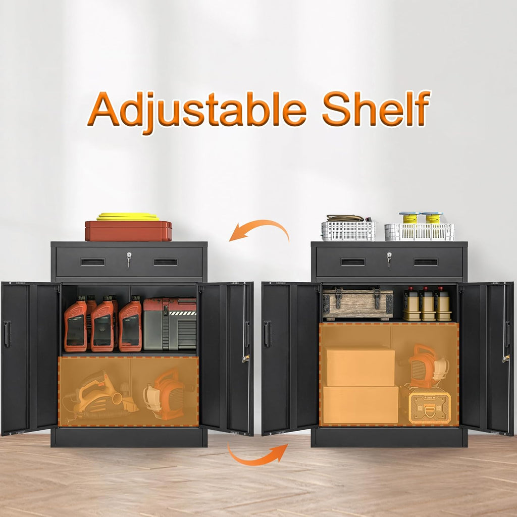Wanfu Metal Storage Cabinet, Locking Cabinet with 1 Drawer and Adjustable Shelf, 36' H x 28' W x 16' D Metal Cabinets for Office, Garage, Home-Black