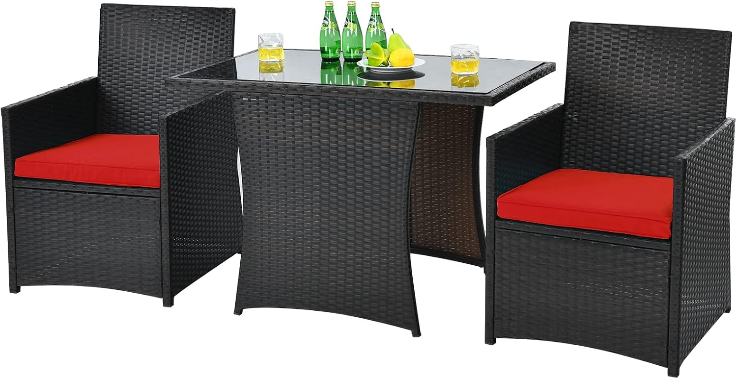 HAPPYGRILL 3 Piece Patio Furniture Set, Outdoor PE Rattan Wicker Bistro Set with Washable Cushions & Tempered Glass Table, for Backyard Porch Garden Balcony Poolside
