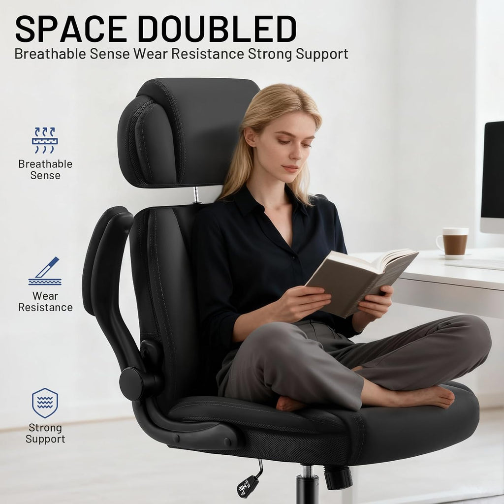 AreShark Ergonomic Office Chair with Lumbar Support, 400lbs Heavy Duty Big and Tall Executive Desk Chair, PU Leather High Back Computer Chair with Flip-Up Arms & Adjustable Headrest, Black