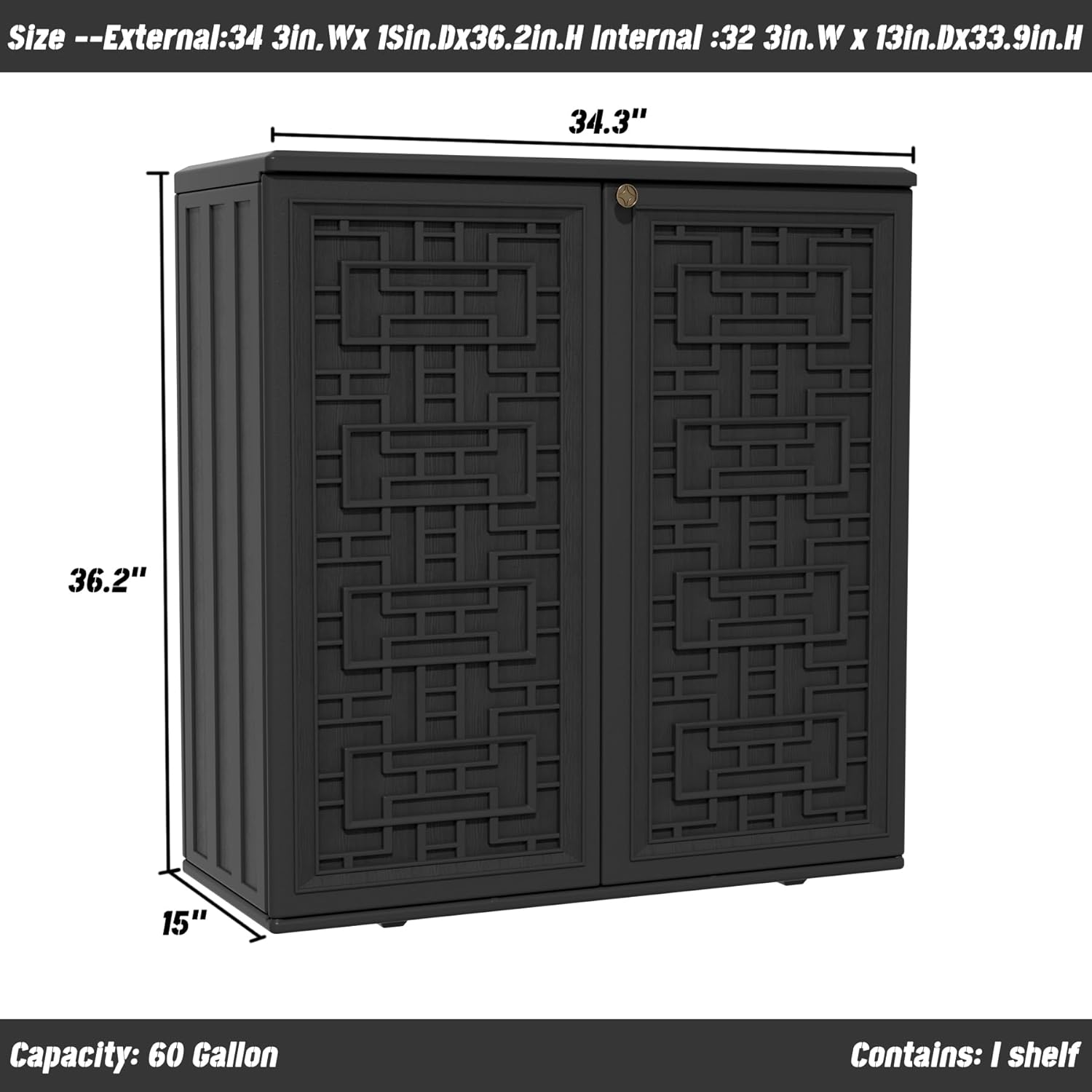 Mrosaa Indoor Outdoor Storage Cabinet Waterproof with Shelf,Plastic Storage Sheds Outdoor Cabinets for Patio/Garden/Backyard, Size 34.3''L*15''W*36.2''H（Black）
