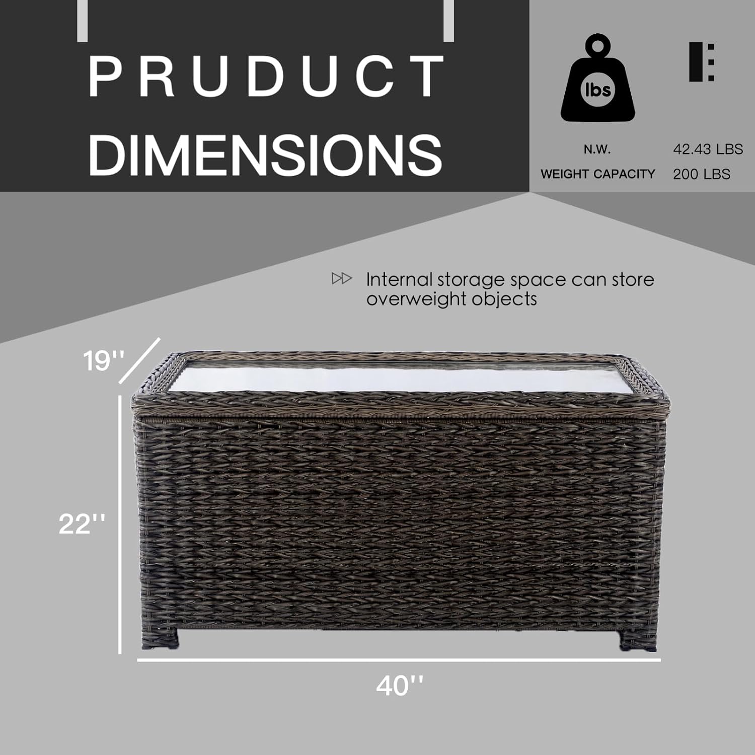 Classic Wicker Patio Coffee Table with Storage, 40'' All-Weather Rattan Outdoor Coffee Tables, Tempered Glass Flip-Top, Waterproof for Porch Backyard, Dark Brown