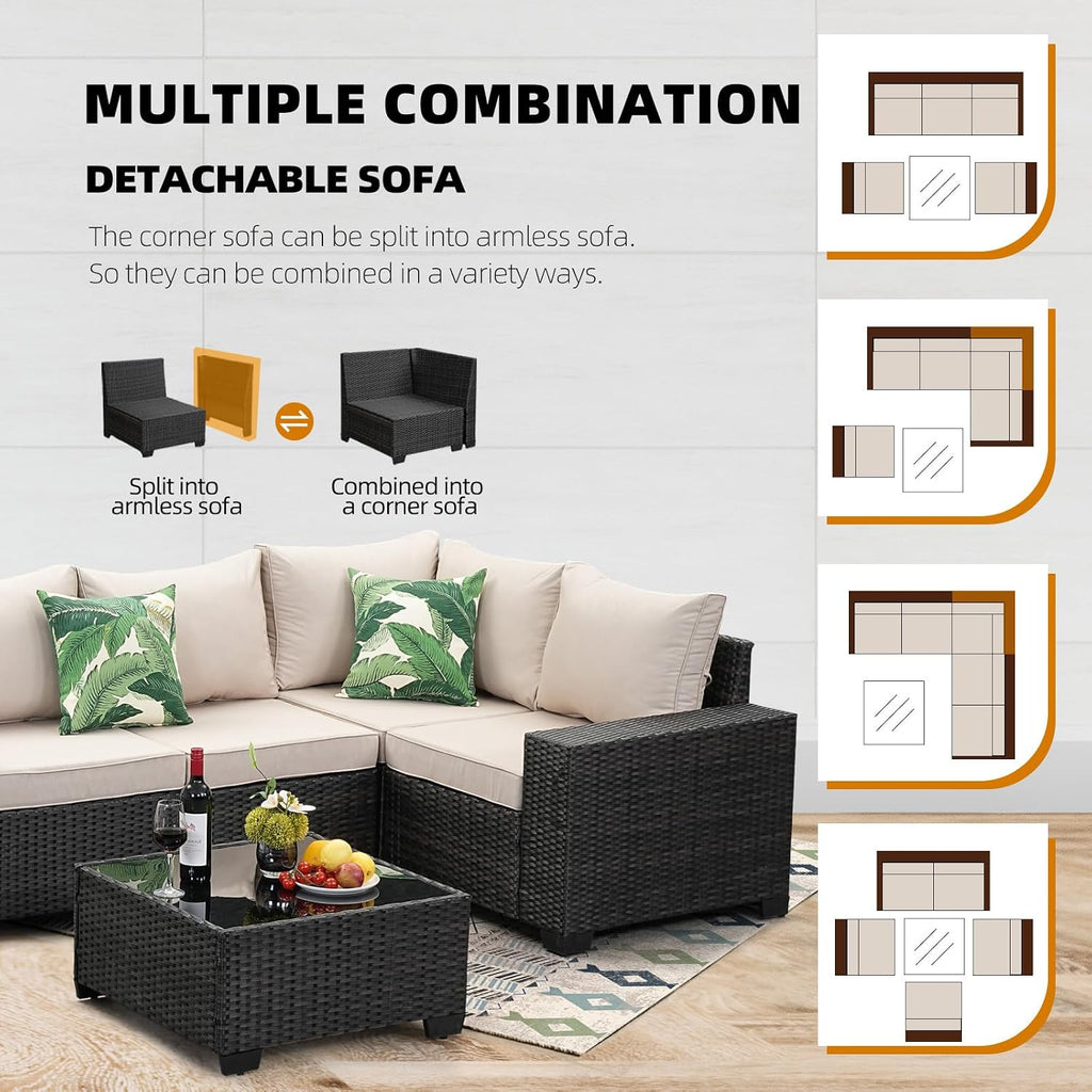6-Piece Outdoor Patio Furniture Set, Modular Wicker Sectional Sofa with Thick Cushions & Coffee Table, All-Weather Rattan Conversation Set for Backyard, Porch, Poolside, Beige