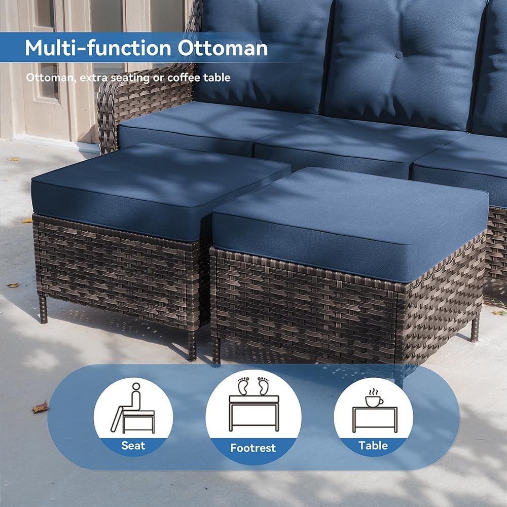 Kurapika 7-Piece Patio Furniture Set, Wicker Thick-Backed Outdoor Swivel Rocking Chair, Includes Coffee Table and Thick Cushions, Conversation Set for Porch,Patio, Navy Blue