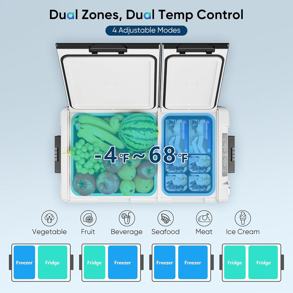 Feelfunn 12 Volt Refrigerator Car Fridge - 50QT(48L) Dual Zone Electric Cooler, Car Refrigerator -4℉~68℉, Portable Refrigerator 12/24V DC 100-240V AC, Portable Freezer for Travel Camping RV Home