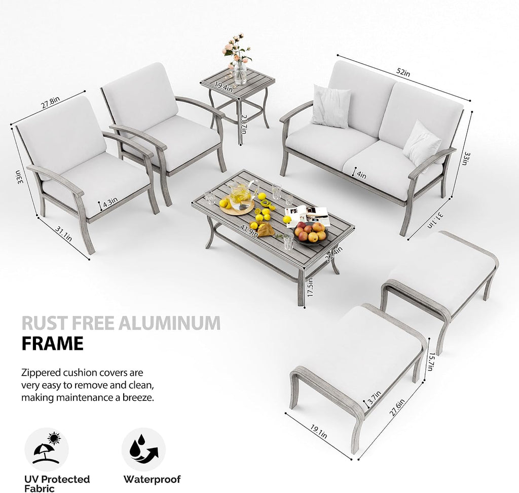 HAPPATIO 7 Piece Aluminum Patio Furniture Set, Outdoor Armchairs with Ottomans and Loveseat, Outdoor Sectional Sofa with Side Table and Coffee Table, Garden Conversation Set for Lawn(Gray)