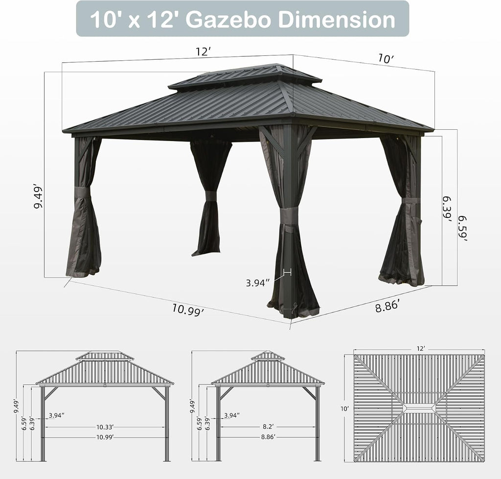 Domi Hardtop Gazebo 10x12FT, Aluminum Outdoor Gazebo with Galvanized Steel Double Roof Canopy, Curtains and Netting Included, Metal Gazebo Permanent Pavilion for Patio, Lawn, Garden, Gray