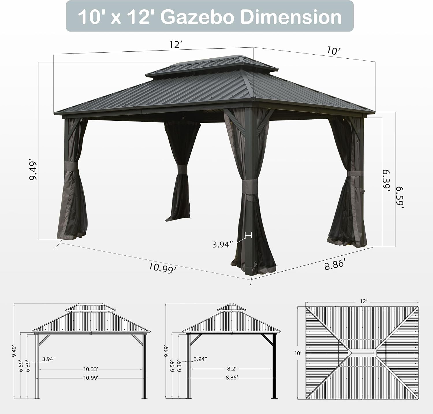 Domi Hardtop Gazebo 10x12FT, Aluminum Outdoor Gazebo with Galvanized Steel Double Roof Canopy, Curtains and Netting Included, Metal Gazebo Permanent Pavilion for Patio, Lawn, Garden, Gray