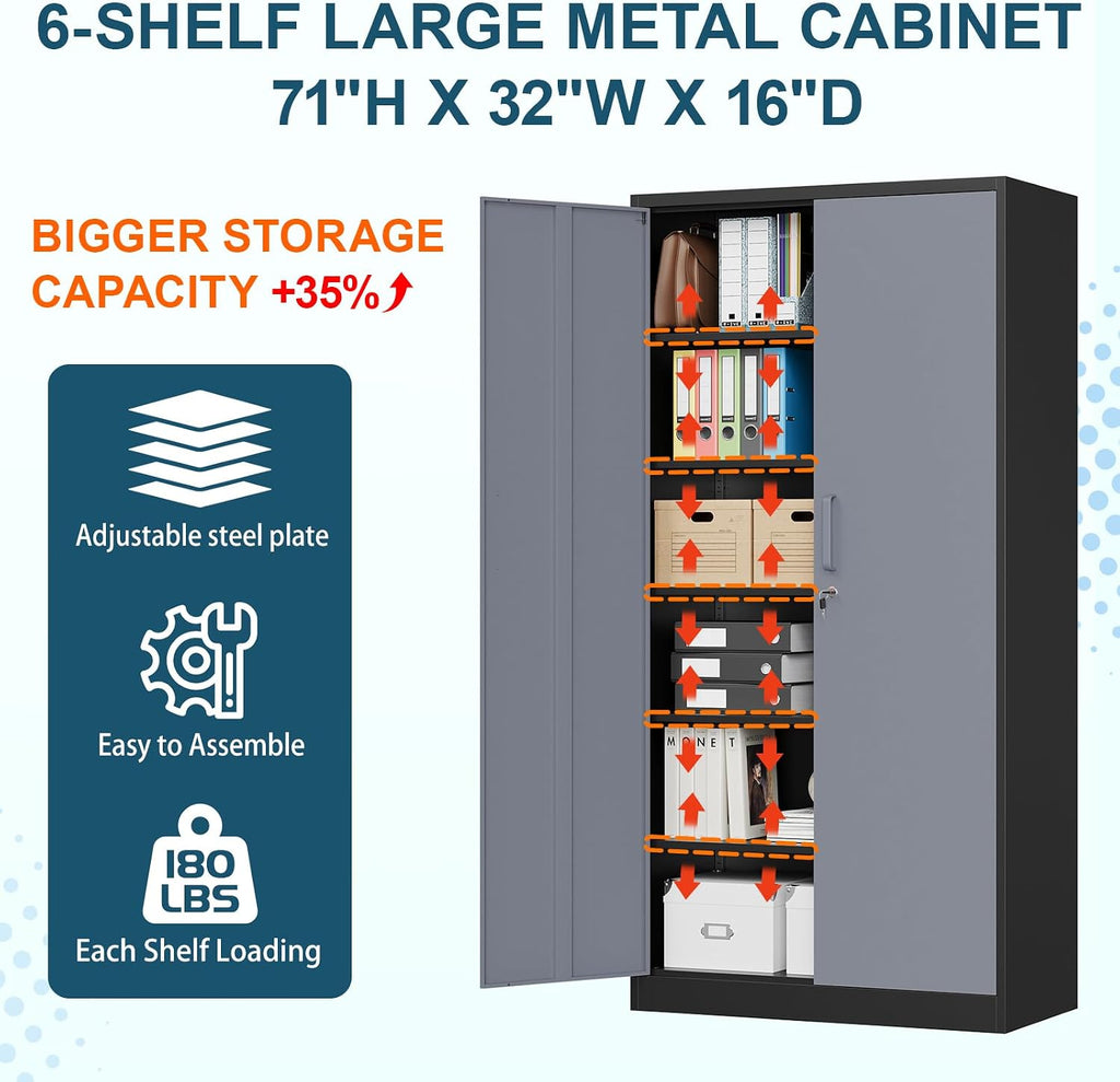 MIIIKO Metal Storage Cabinet with Locking Doors, Black Garage Storage Cabinets with 5 Adjustable Shelves