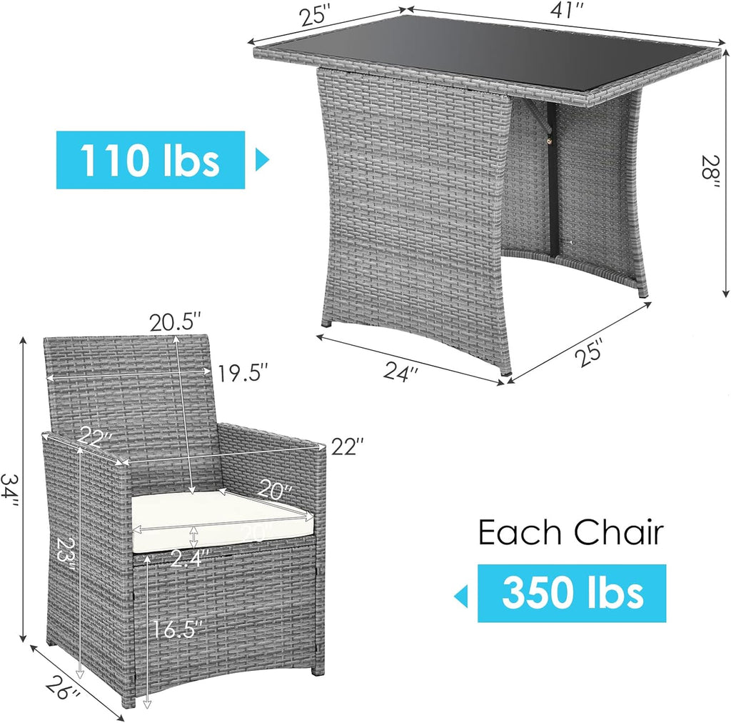HAPPYGRILL 3 Piece Patio Furniture Set, Outdoor PE Rattan Wicker Bistro Set with Washable Cushions & Tempered Glass Table, for Backyard Porch Garden Balcony Poolside