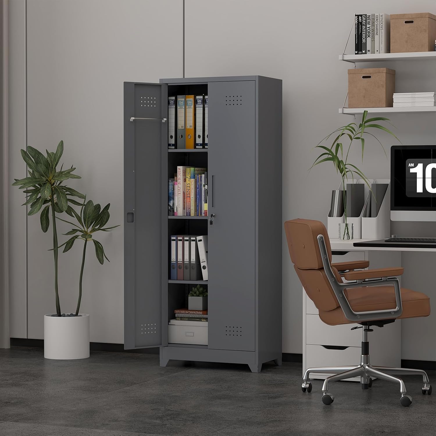 65''H Garage Storage Cabinets, Metal Locking Storage Cabinet with Doors and Shelves, Utility Closet Cabinet with Hanging Rod, Cleaning Storage for Kitchen, Office, Garage
