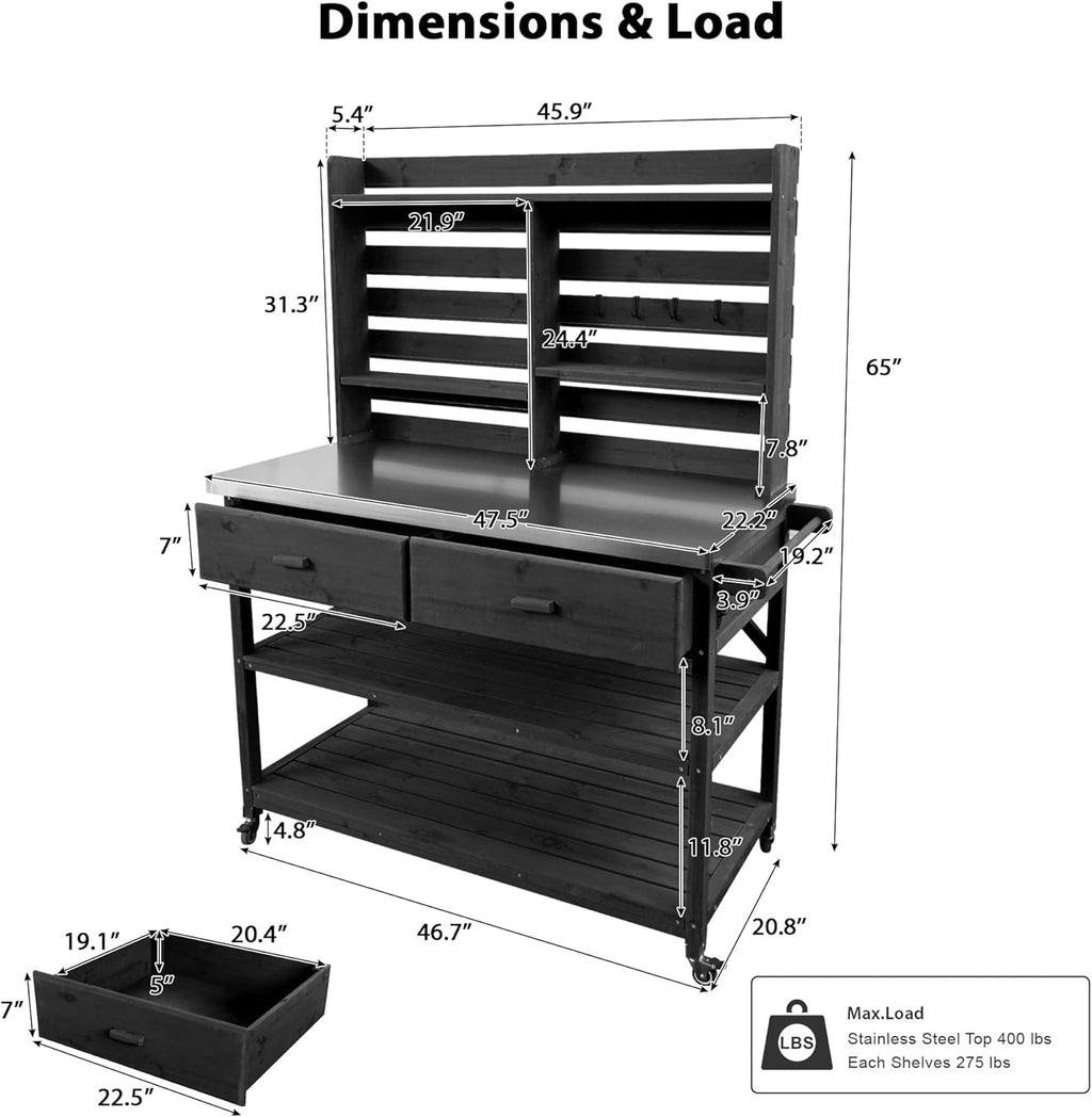 Outdoor Potting Bench Table with Lockable Wheels, Solid Wood Outdoor Kitchen Island with Upper Hutch, Stainless Steel Top, Storage for Grilling, Lawn & Garden