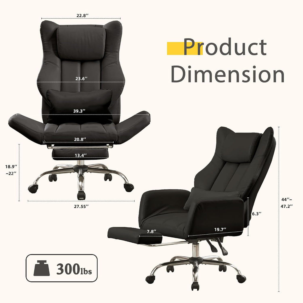 Ergonomic Cross Legged Office Chair with Footrest,Big and Tall Leather Executive Chair with Reversible Armrest,Lumbar Pillow and Wheels,155° Reclining Computer Wide Desk Chair for Home,Office (Black)