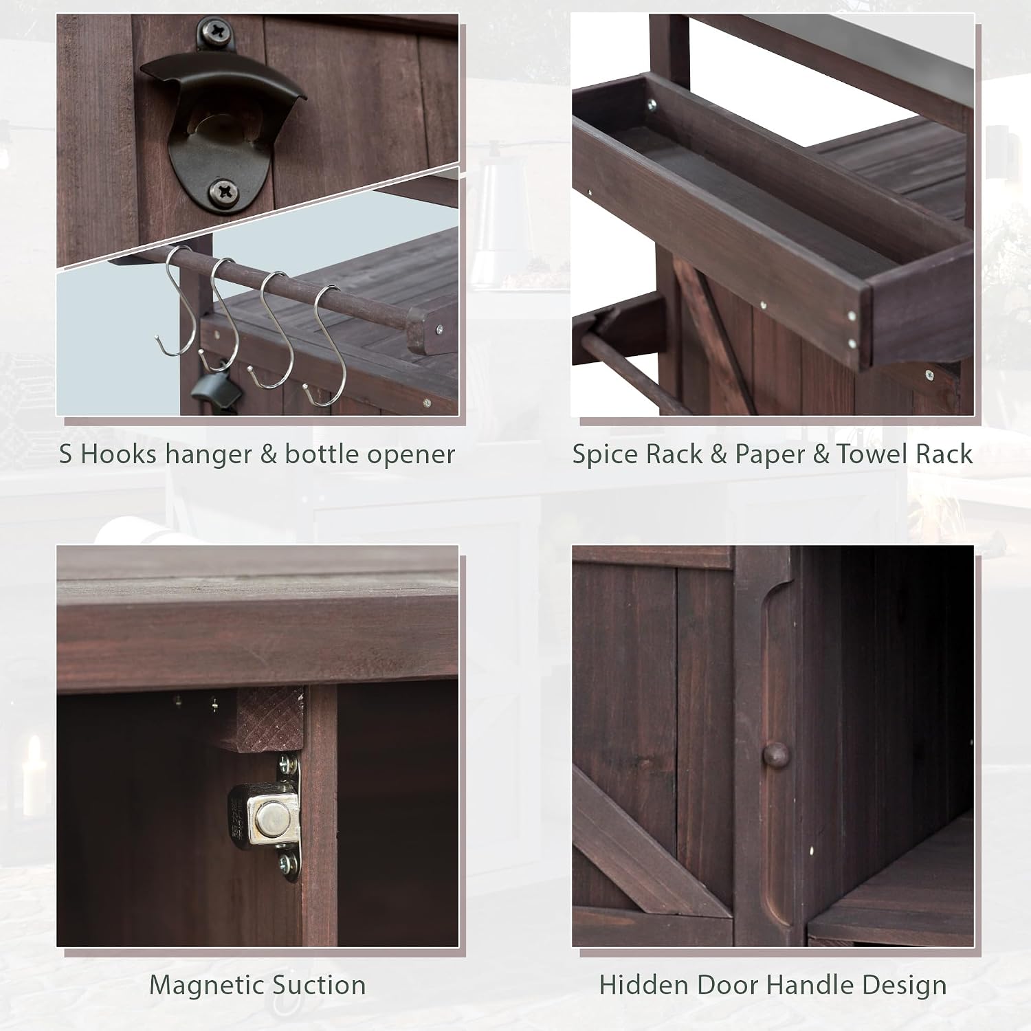 Outdoor Grill Cart with Storage, Farmhouse Outdoor Storage Cabinet with Stainless Steel Top, Wood Bar Patio Kitchen Island with Spice Rack, Towel Holder, Hooks & Locking Wheels for Patio BBQ(Brown)