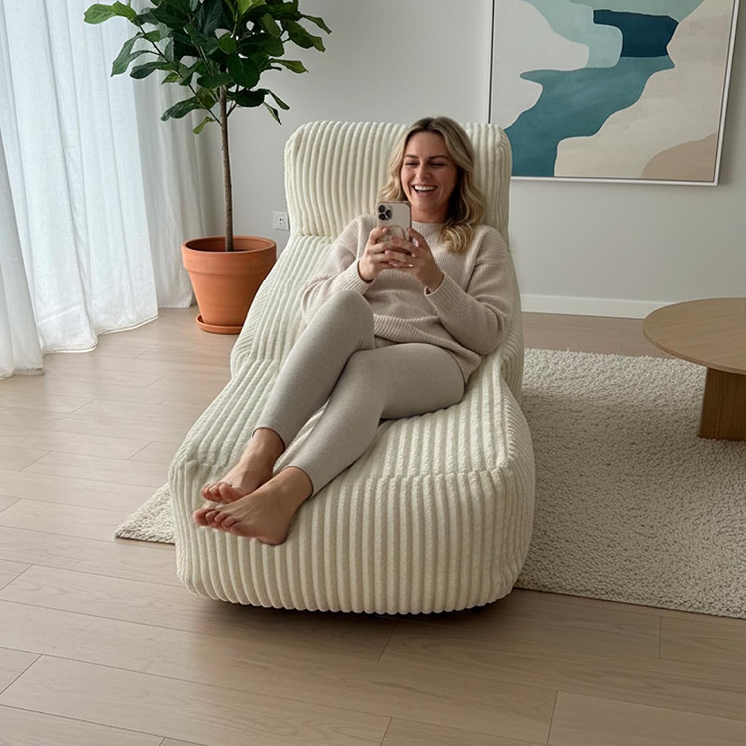 Large Memory Foam Bean Bag Chair for Adults – Big Lounger Sofa Seat for Living Room, Bedroom, or Balcony (Beige)