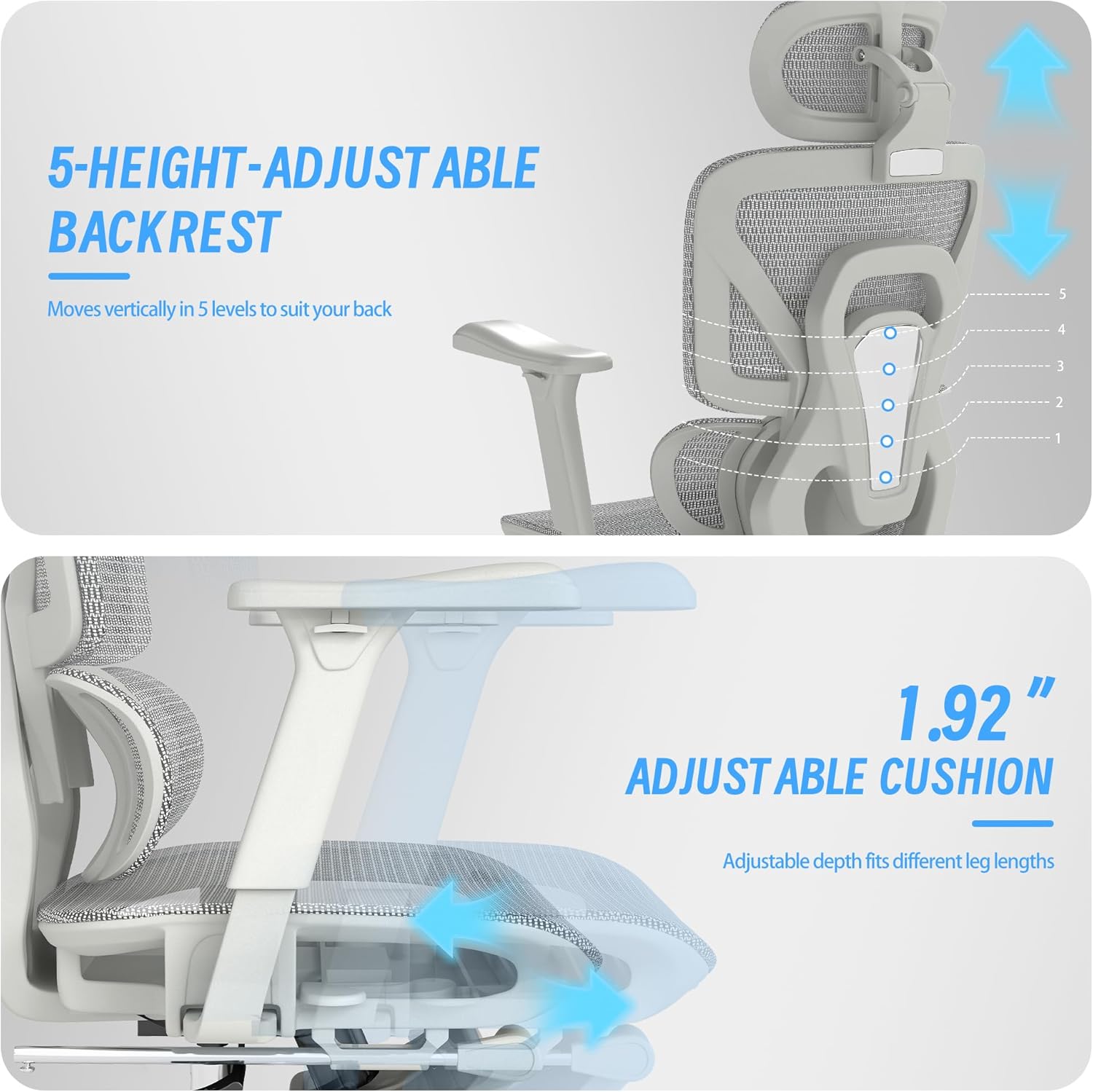 Ergonomic Office Chair with Footrest, High Back Mesh Computer Chair with Lumbar Support, 5-Level Backrest Height, 4D Flip-Up Arms for Home & Gaming Desk (Gray Mesh 3-Zone Lumbar Support+4D Armrest)