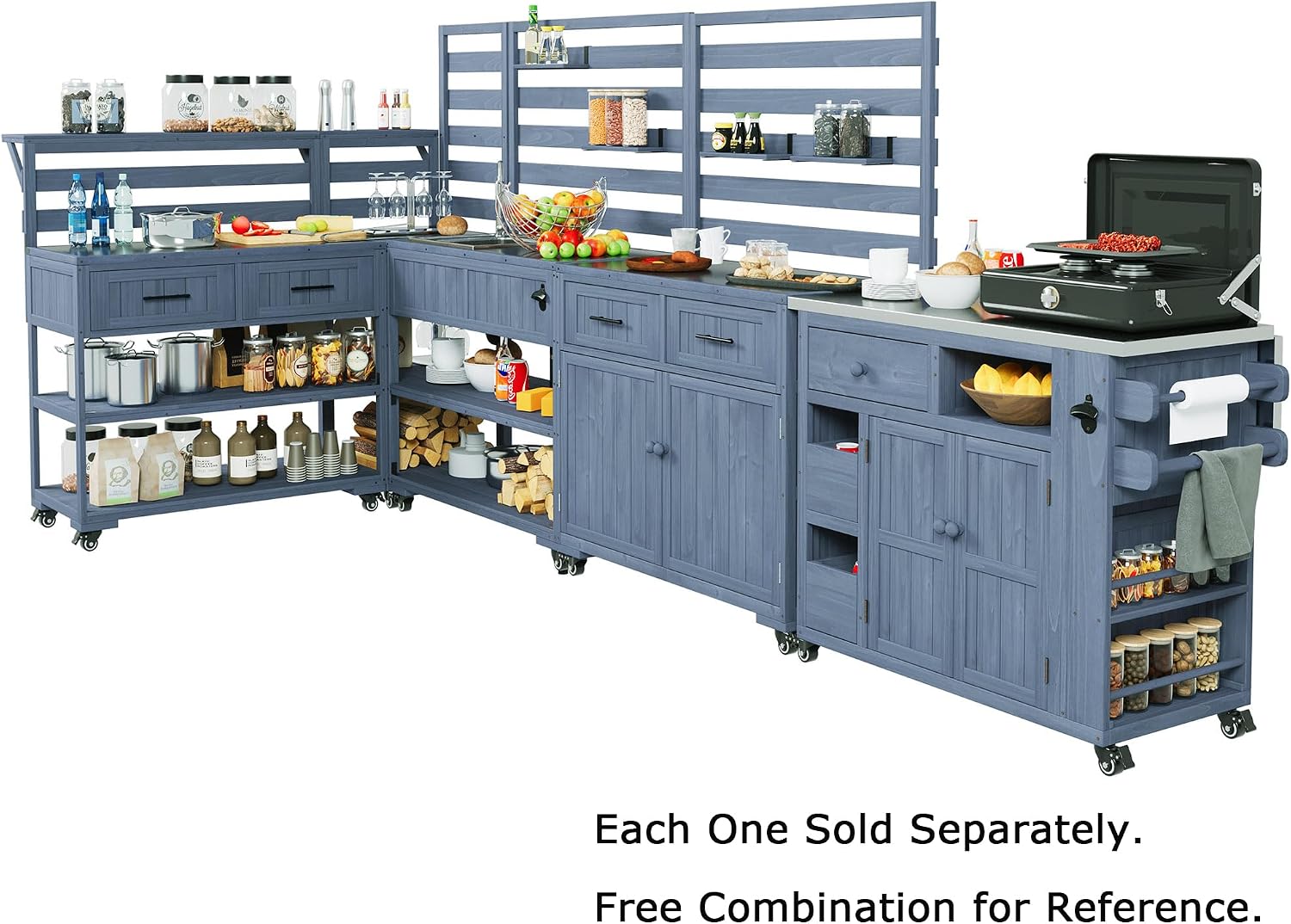LUMISOL Garden Potting Bench Table with Stainless Table Top, Outdoor Rolling Kitchen Cart with Sink and 2 Movable Shelves, 41.7'' Large Solid Wood Garden Workstation with 1 Bottle Opener, Gray