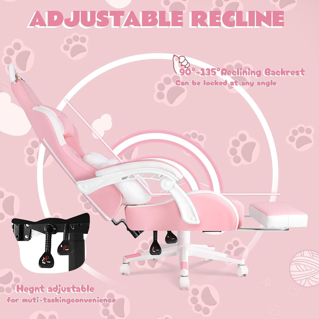 VITESSE Pink Gaming Chair for Girl with Cat Paw Lumbar Cushion and Cat Ears,Ergonomic Computer Chair for Girl with Footrest and Headrest Comfortable Reclining PC Game Chair for Adult,Kid (White)