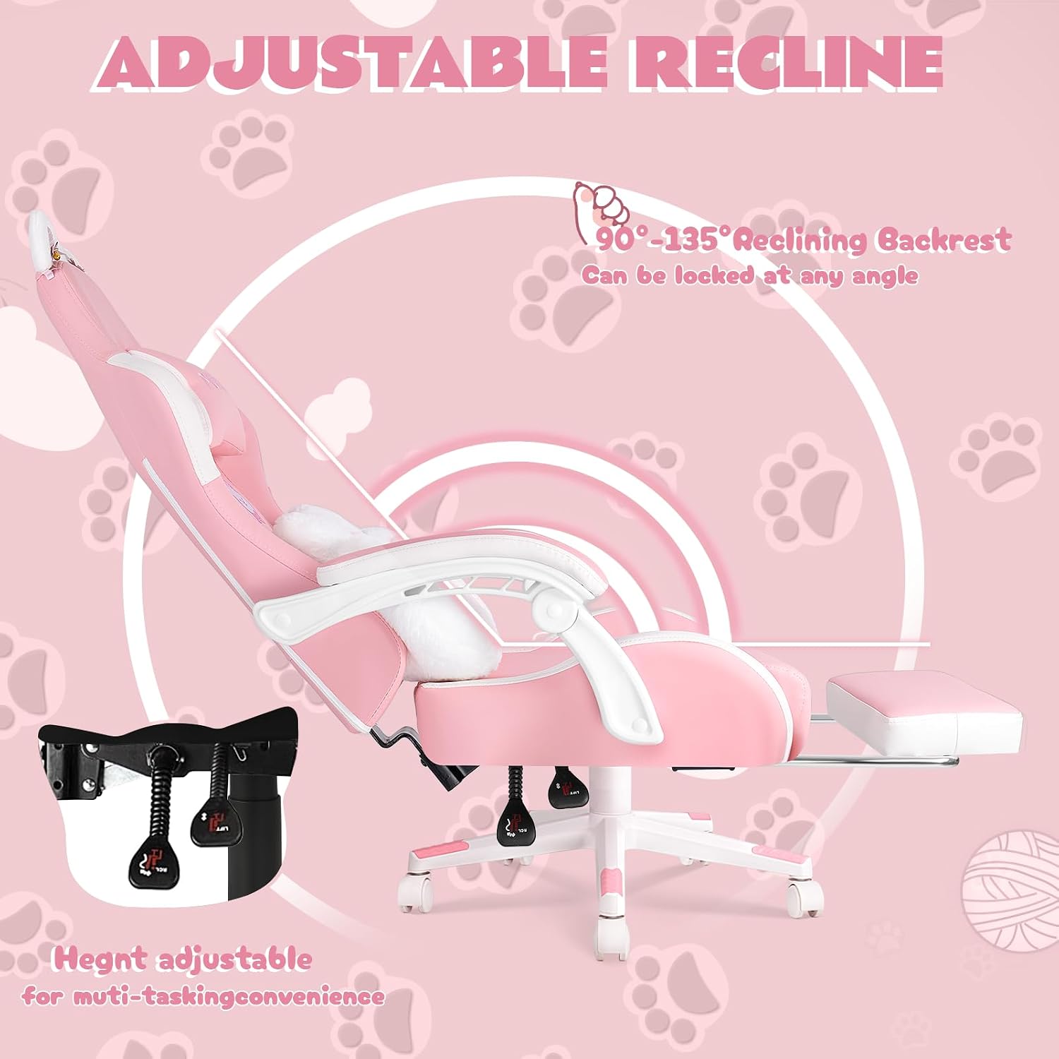 VITESSE Pink Gaming Chair for Girl with Cat Paw Lumbar Cushion and Cat Ears,Ergonomic Computer Chair for Girl with Footrest and Headrest Comfortable Reclining PC Game Chair for Adult,Kid (White)