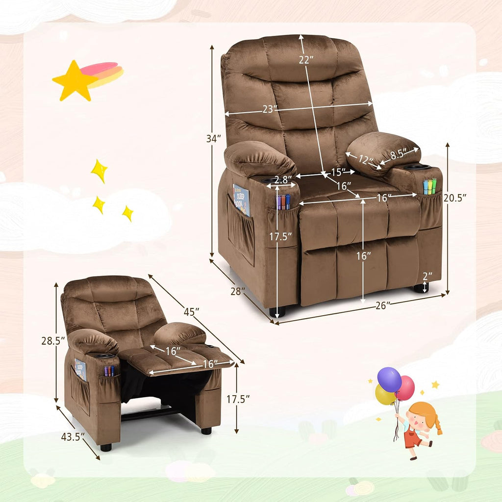 MAT EXPERT Kids Recliner, Velvet Adjustable Reading Chair w/ 2 Cup Holder, 3 Side Pocket Storage & Footrest, Kids Couch Gaming Chair, Toddler Lounge Chair for Boys Girls, Kids Room Playroom (Coffee)