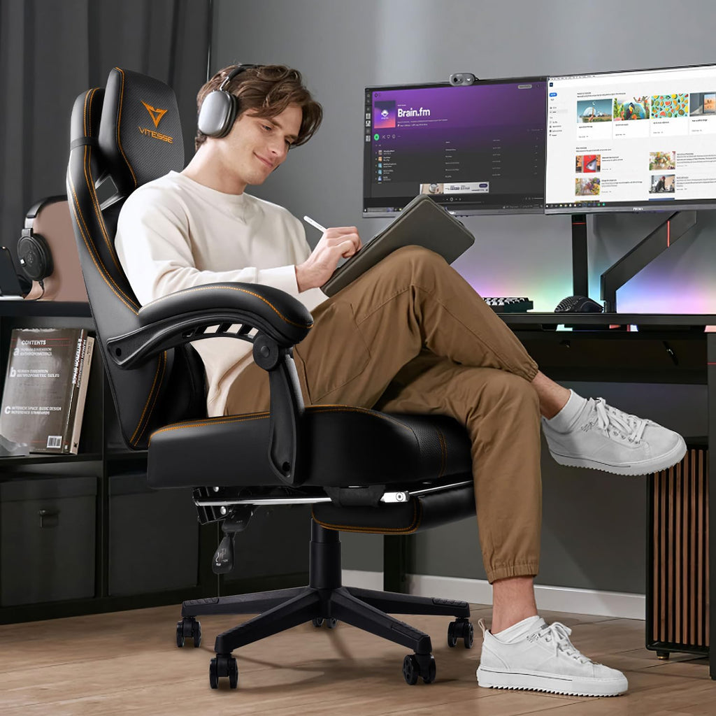 VITESSE Big and Tall Gaming Chair with Footrest,Ergonomic Video Gaming Chair with Oversized Headrest and Lumbar Support for Adults 400lb Weight Capacity,Computer Chair for Office or Gaming (Orange)