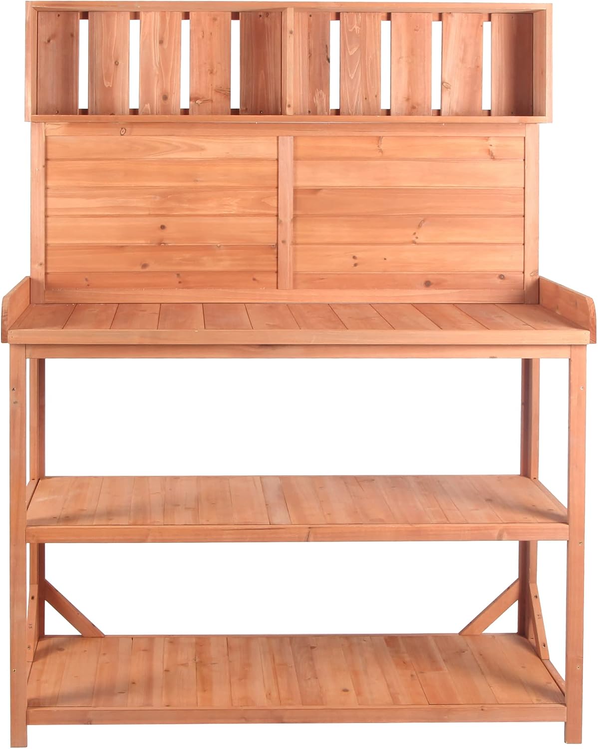 Harper & Bright Designs 65' Large Wooden Farmhouse Rustic Outdoor Potting Bench Table with 4 Storage Shelves and Side Hook, Patio Workstation, for Garden, Backyard, Natural