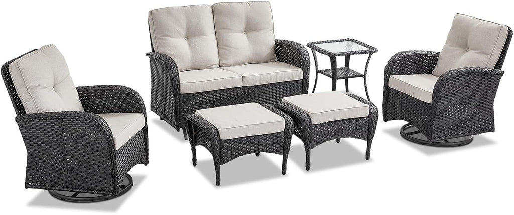 Belord 6 Pieces Wicker Patio Conversation Sets with Outdoor Swivel Rocker Chairs and Loveseat Glider Chair, All-Weather Rattan Furniture Set for Deck Patio Sunroom Backyard Black