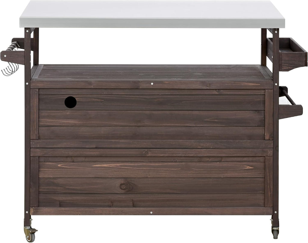 LUMISOL Outdoor Grill Cart with Stainless Steel Top, Farmhouse Rolling Bar Cart & Storage Cabinet with Spice & Towel Rack, Outdoor Solid Wood Kitchen Island with Internal Storage Rack, Dark Brown