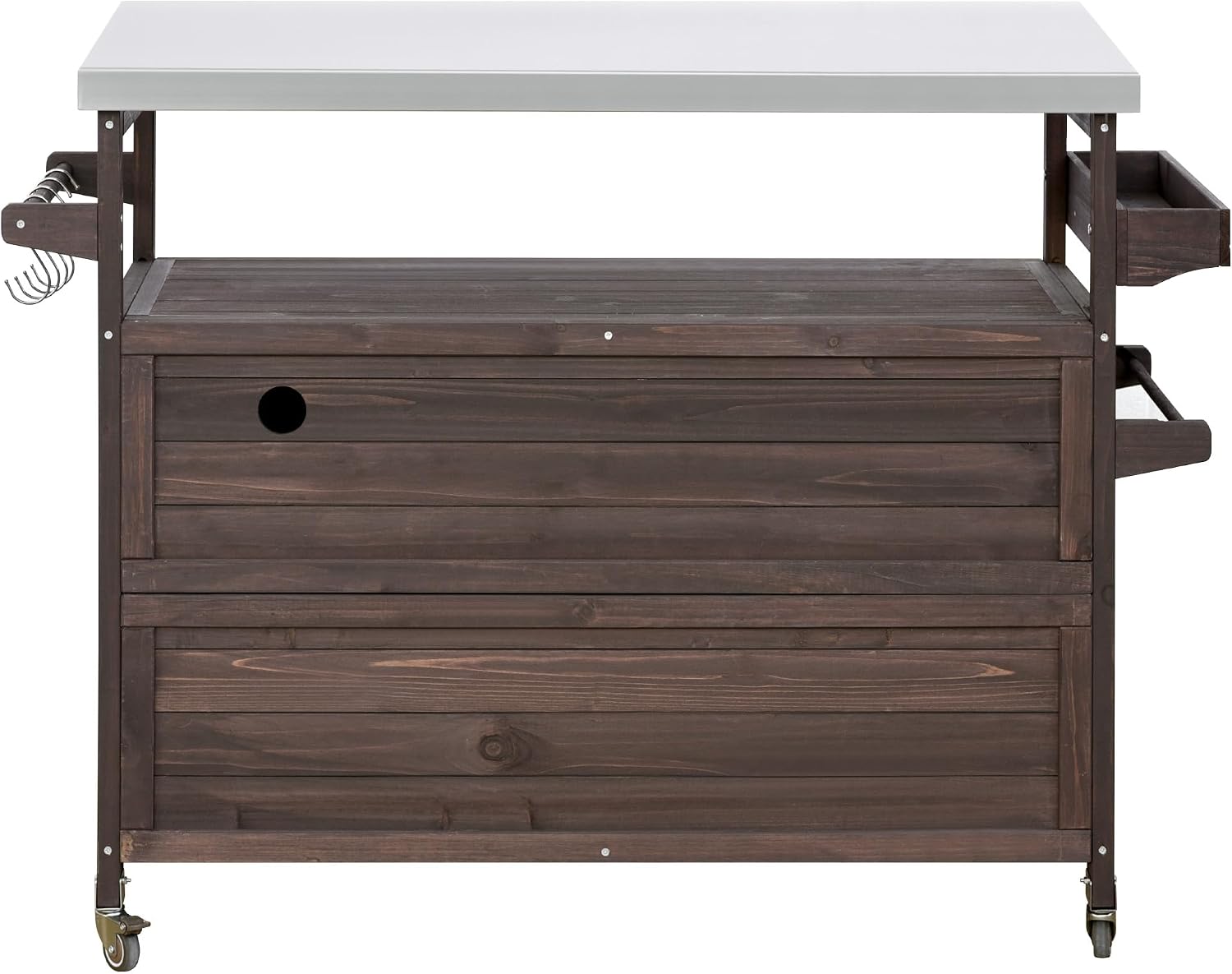 LUMISOL Outdoor Grill Cart with Stainless Steel Top, Farmhouse Rolling Bar Cart & Storage Cabinet with Spice & Towel Rack, Outdoor Solid Wood Kitchen Island with Internal Storage Rack, Dark Brown
