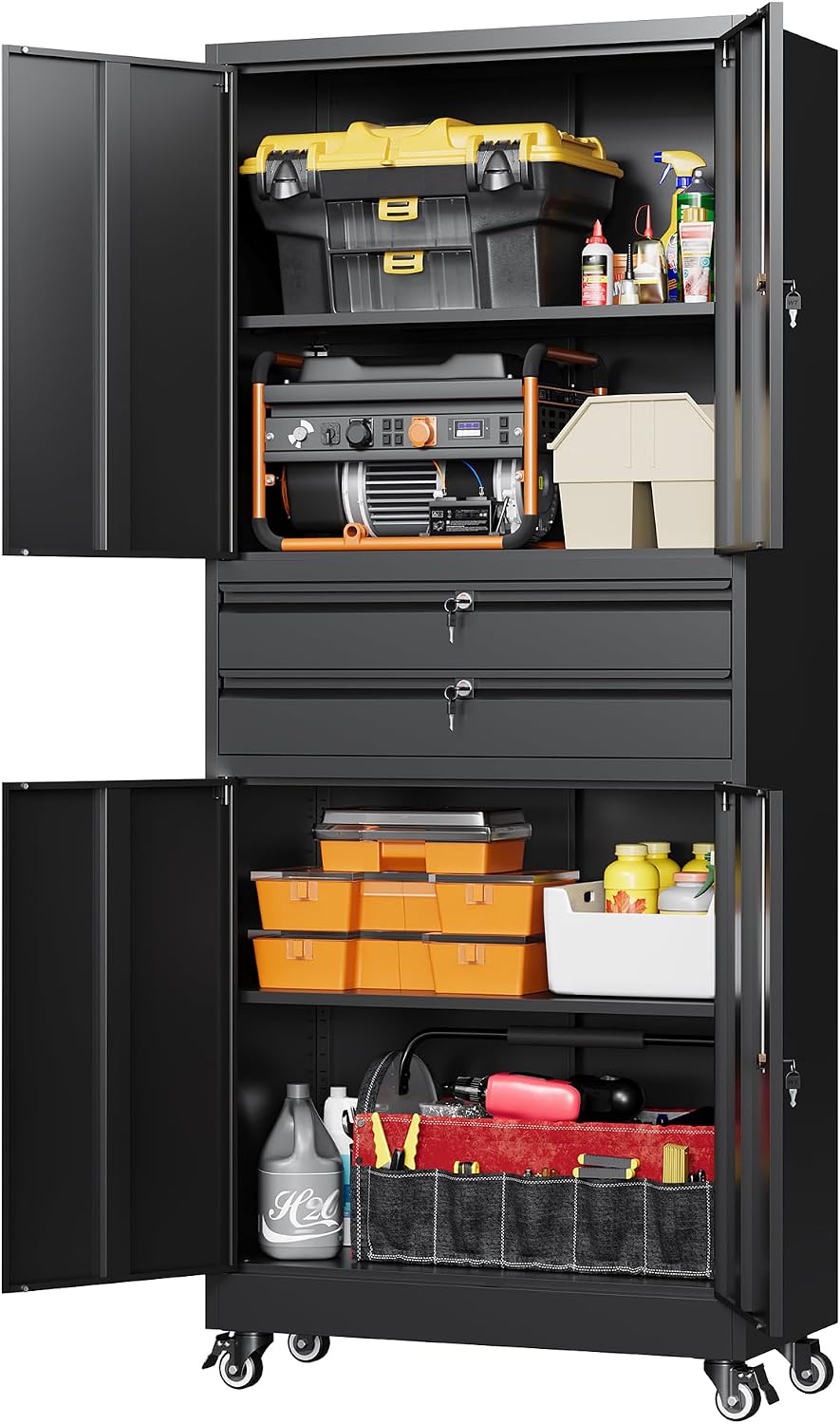 Letaya Metal Garage Storage Cabinet with Wheels,Rolling Tool Cabinet with 4 Door Lock-Adjustable Shelves and 2 Drawer for Garage Home Office Utility Room (Black with Wheels)