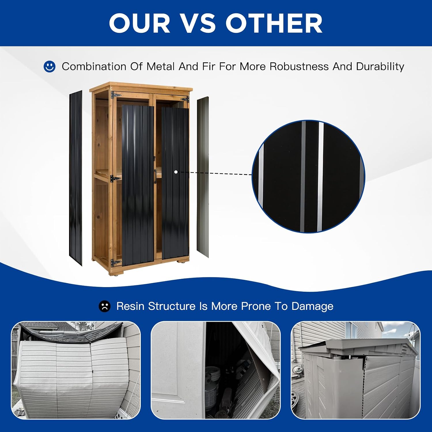Outdoor Storage Cabinet Wood & Metal with Waterproof Roof, Garden Tool Shed with 3 Removable Shelves, 4 adjustable reinforced feet with metal brackets, 6 T-Hinge, magnetic door,15.6'D x 32.3'W x 66'H