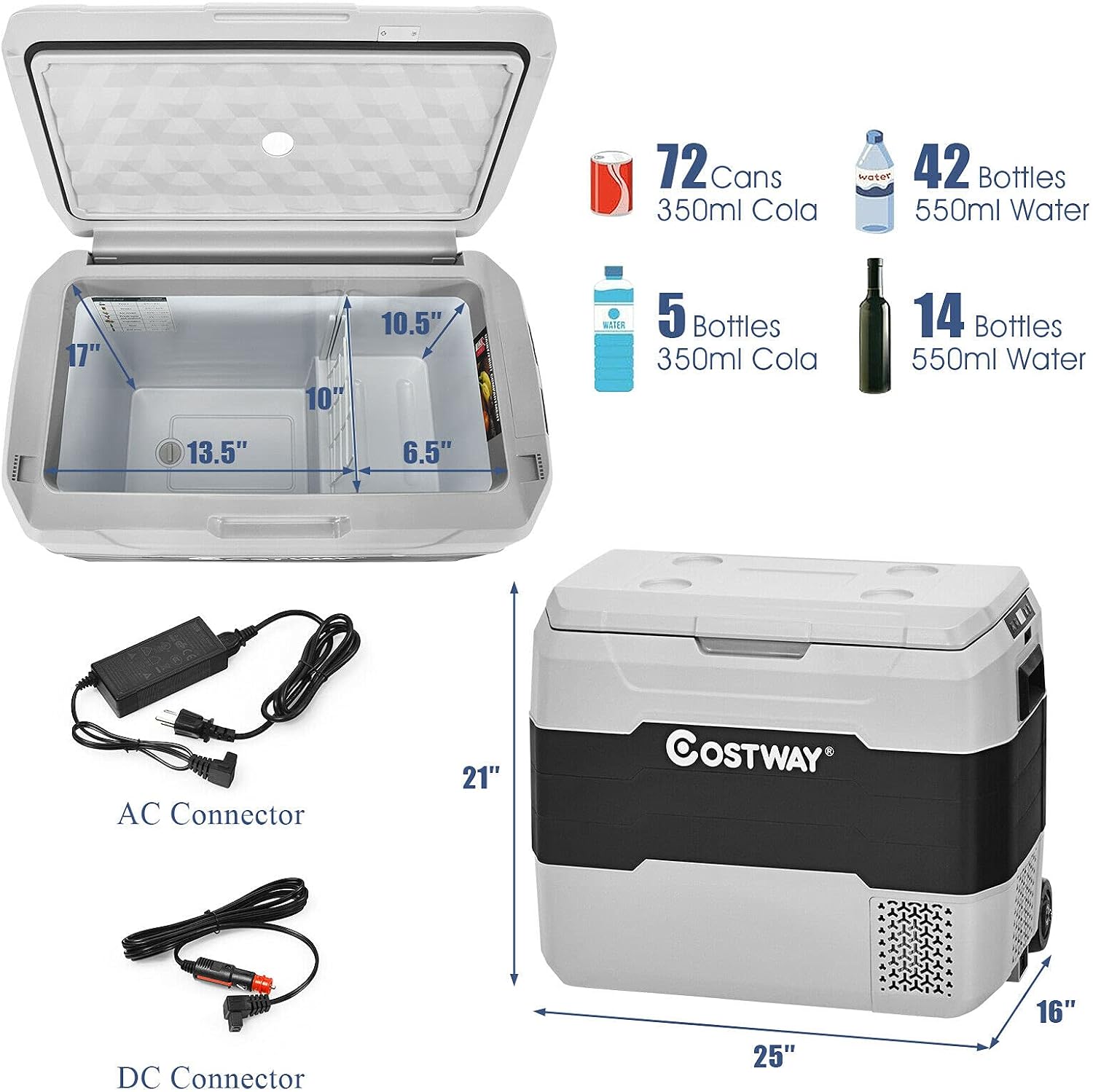 COSTWAY Car Refrigerator with Wheels, 53-Quart Dual-zone Electric Cooler with Telescopic Handle, 12V/24V DC, 100-240V AC, -4°F To 50°F, Portable Fridge Freezer for RV Camping Travel, Grey+Black