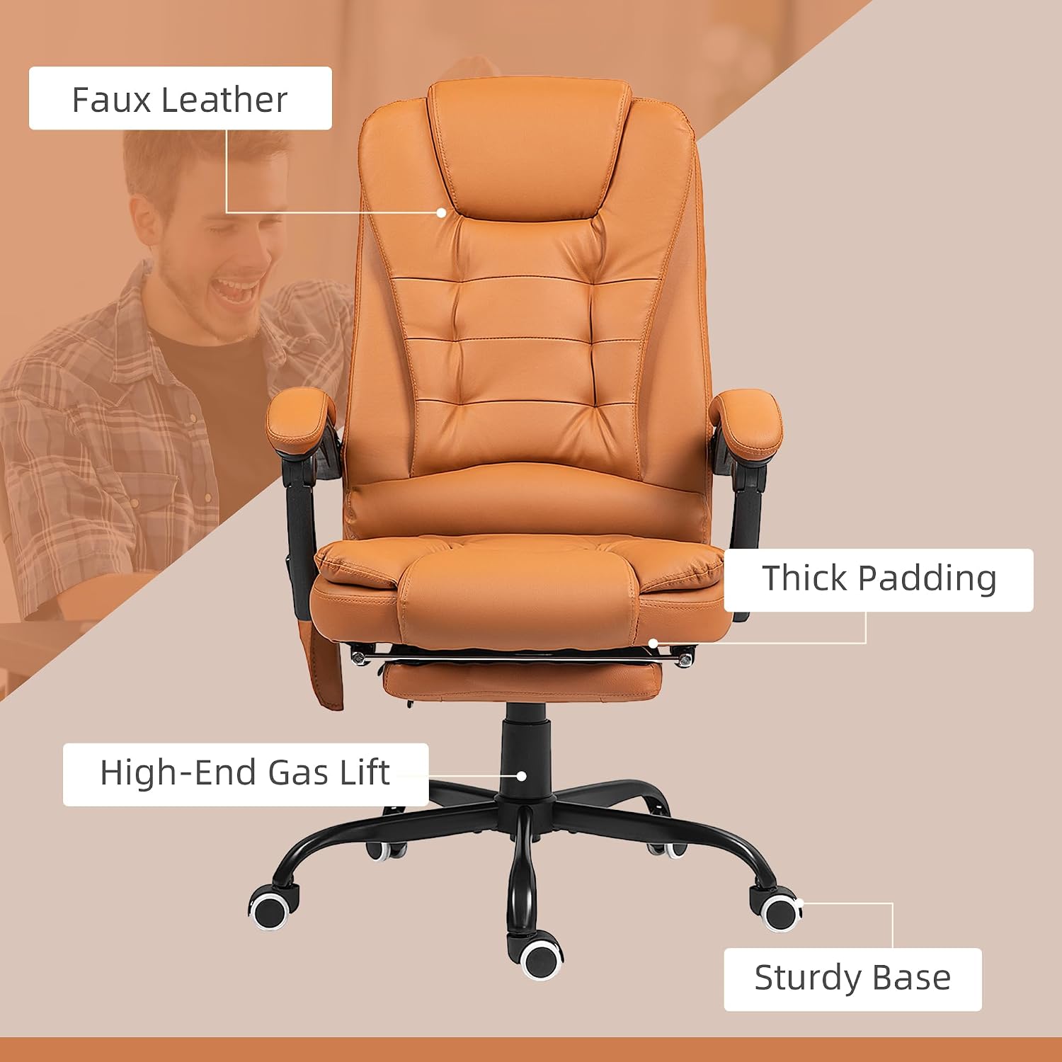 Vinsetto 7-Point Vibrating Massage Office Chair, High Back Computer Chair with Lumbar Support, Footrest, Reclining Back, Adjustable Height, Light Brown
