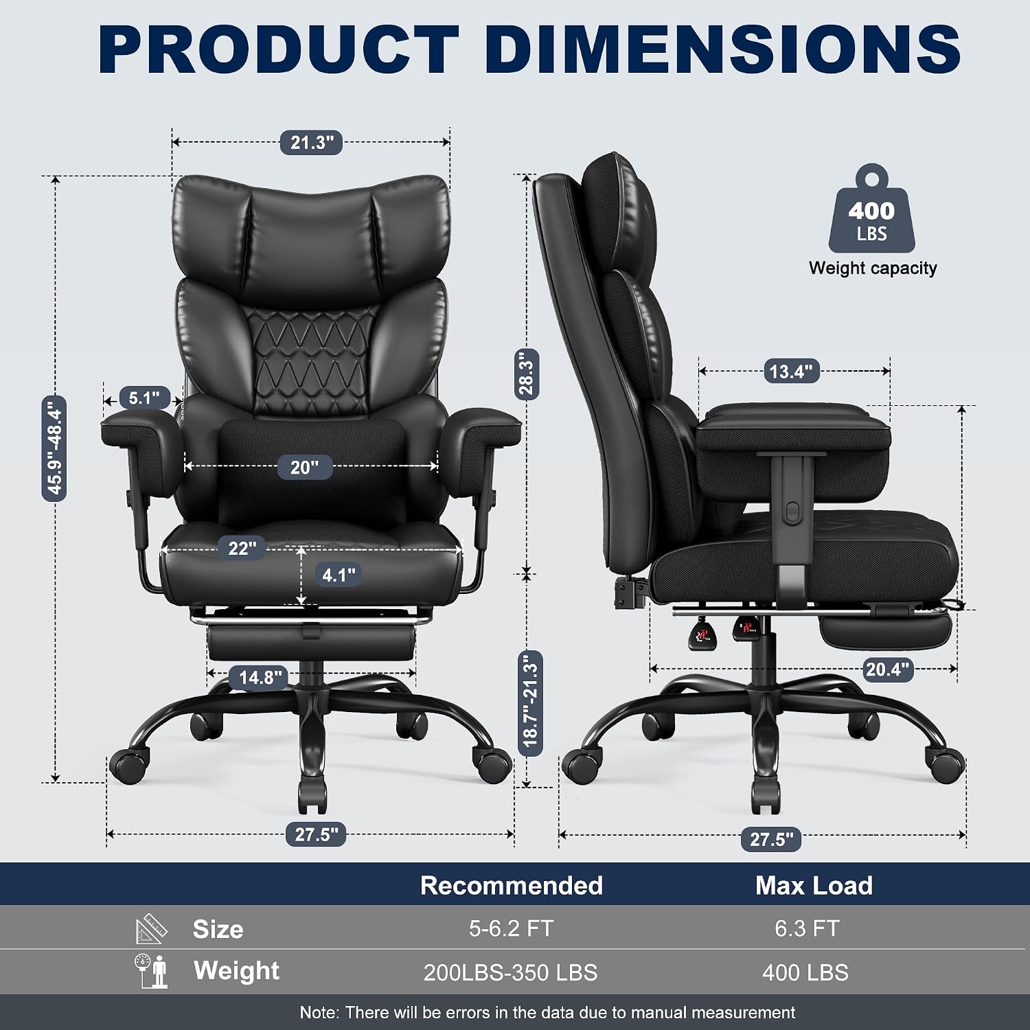 Misolant Big and Tall Office Chair with Footrest, High Back Executive Desk Chair with Adjustable Lift Armrest, 155°Recline，Lumbar Support Pillow, Faux Leather Gaming Chairs for Home or Office Black