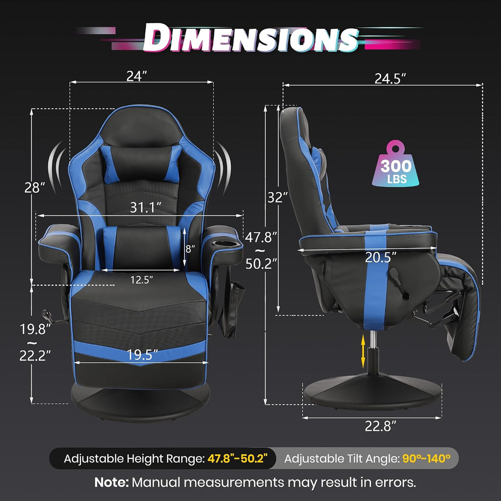 Game Reclining Chair with Adjustable Height, PU Gaming Chair with Massage, Long Footrest and Lumbar Support, High Back Swivel Computer Game Chair for Adult(Blue)
