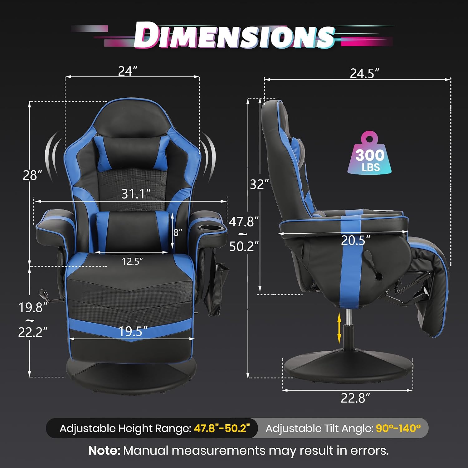 Game Reclining Chair with Adjustable Height, PU Gaming Chair with Massage, Long Footrest and Lumbar Support, High Back Swivel Computer Game Chair for Adult(Blue)