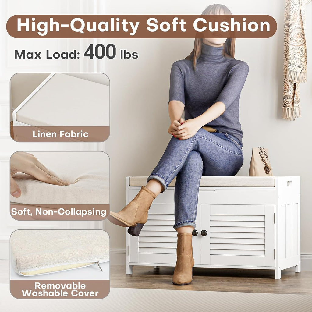 WARMHONIU Shoe Storage Bench with Lift Top Storage, Entryway Bench with Cushioned Seat, Adjustable Shelf, 2 Tier Shoe Rack with Doors for Entryway, Bedroom, Hallway, Mudroom, White
