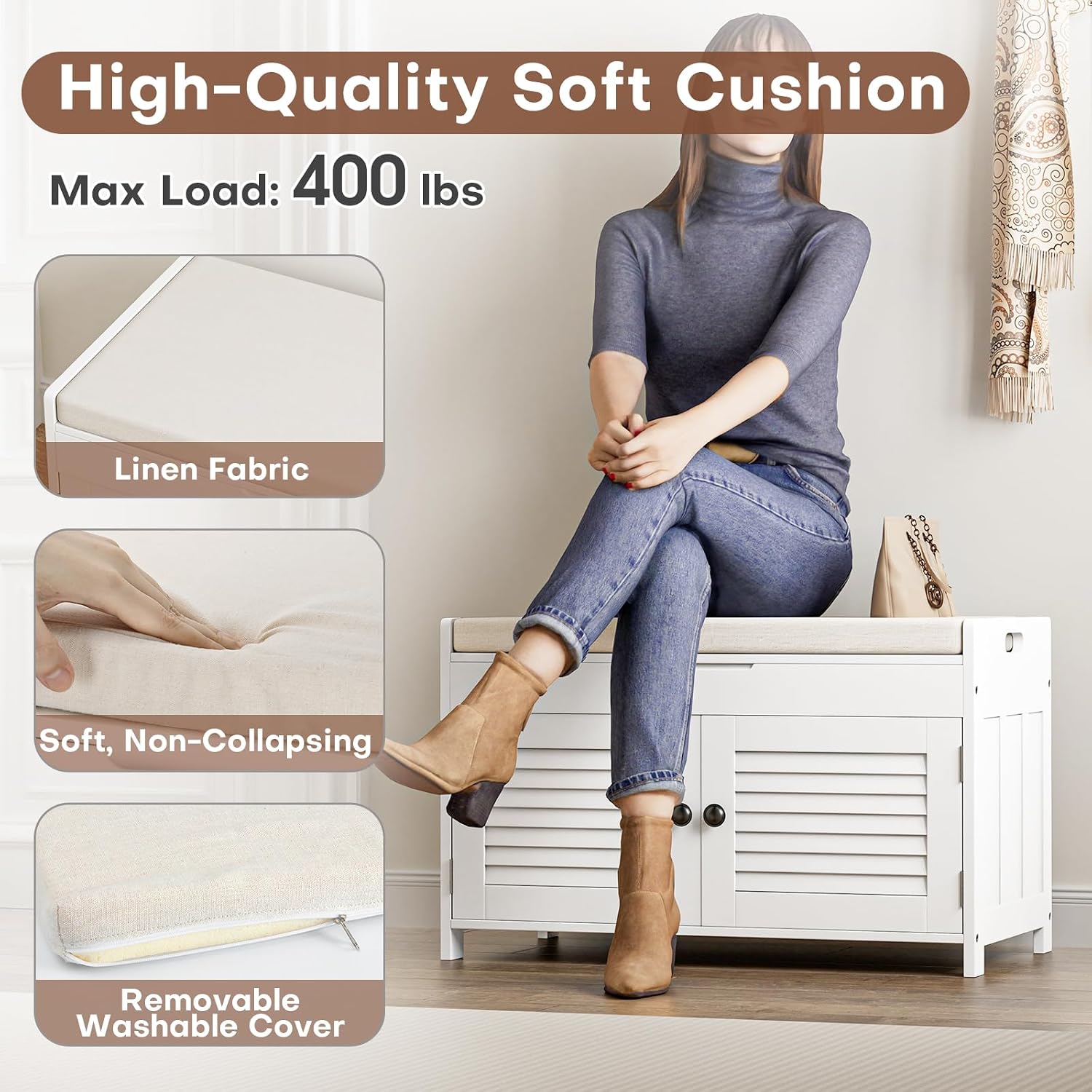 WARMHONIU Shoe Storage Bench with Lift Top Storage, Entryway Bench with Cushioned Seat, Adjustable Shelf, 2 Tier Shoe Rack with Doors for Entryway, Bedroom, Hallway, Mudroom, White
