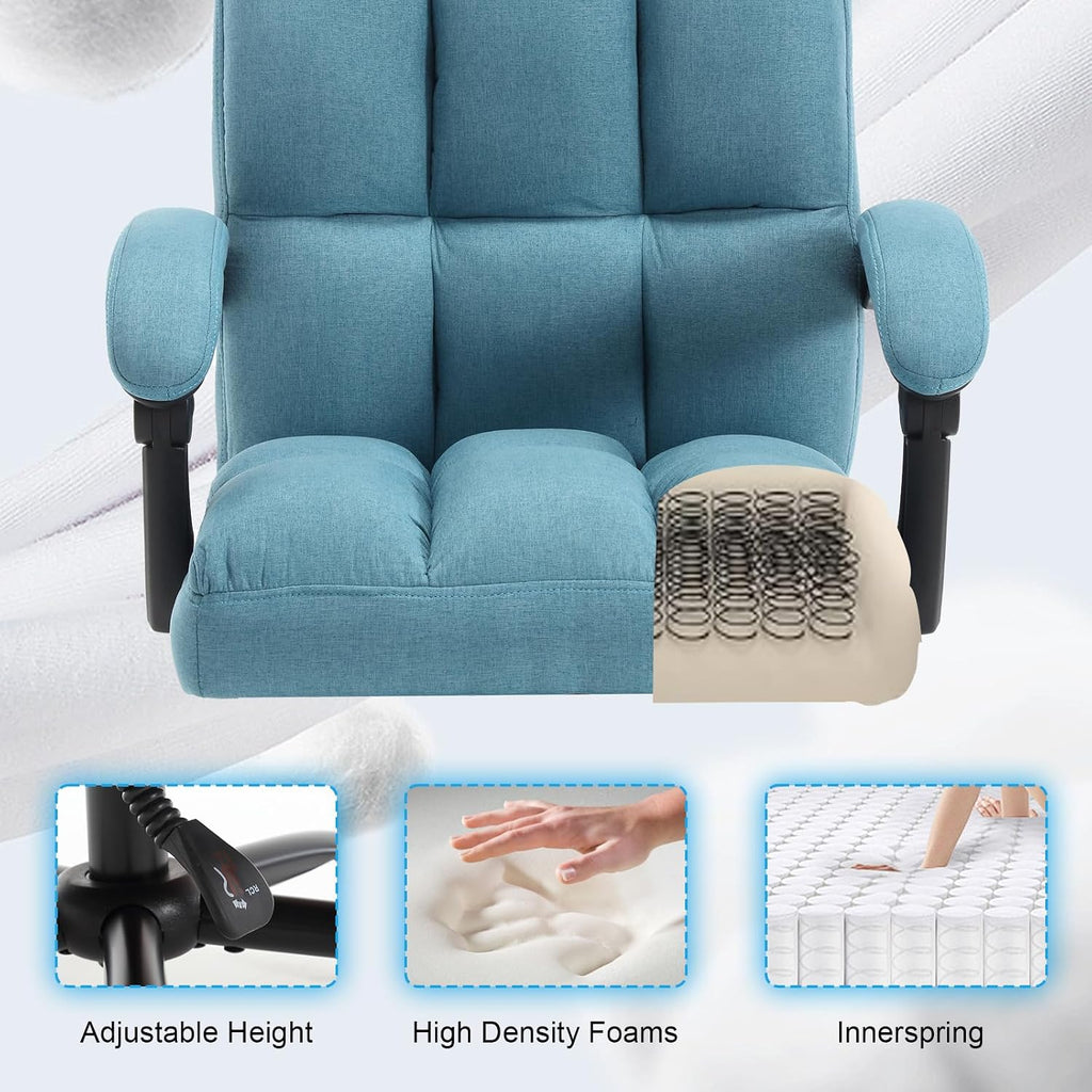 Erogonomic Reclining Office Chair with Footrest, High Back Fabric Cute Comfortable Recliner Office Desk Chair with Leg Foot Rest for Women,Blue