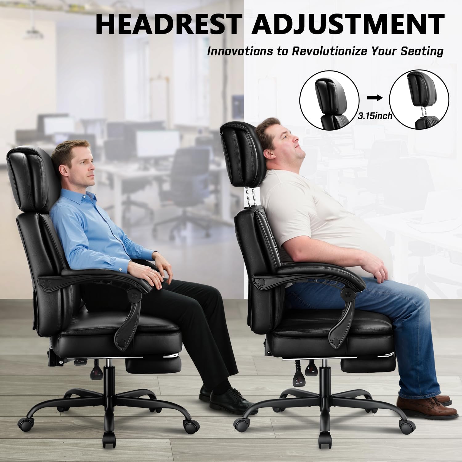 400lbs Executive Office Chair with Foot Rest for Heavy People, Ergonomic Big and Tall Desk Chair with Adjustable Headrest, High Back PU Leather Comfy Heavy Duty Computer Chair with Spring Cushion