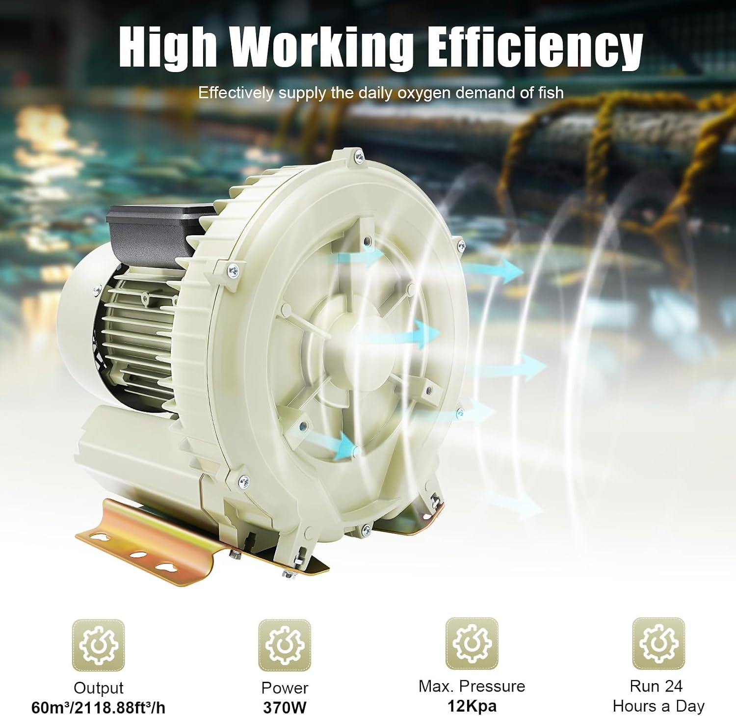 370W Electric Aquarium Air Pump 110V High Pressure Air Pump Blower for Aquaculture Aquarium Pond Fish Tank Output 60m³/H