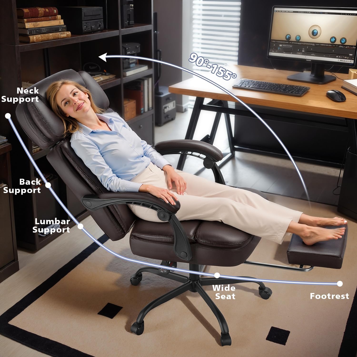 400lbs Executive Office Chair with Foot Rest for Heavy People, Ergonomic Big and Tall Desk Chair with Adjustable Headrest, High Back PU Leather Comfy Heavy Duty Computer Chair