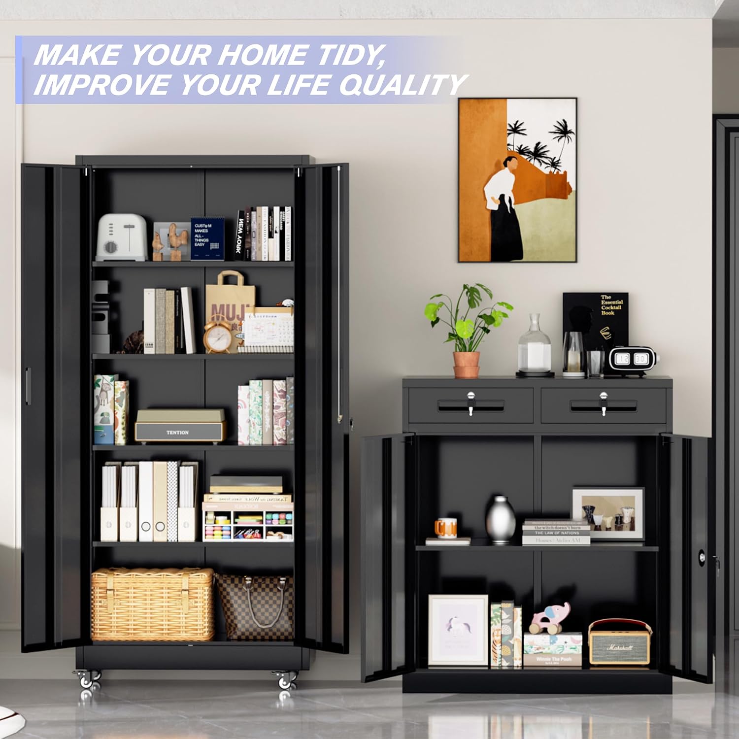 Pataku 73' Metal Storage Cabinet with Wheels, Garage Storage Cabinet with 4 Adjustable Shelves & Lockable Doors for Garage Home Office, Heavy Duty Tool Cabinets