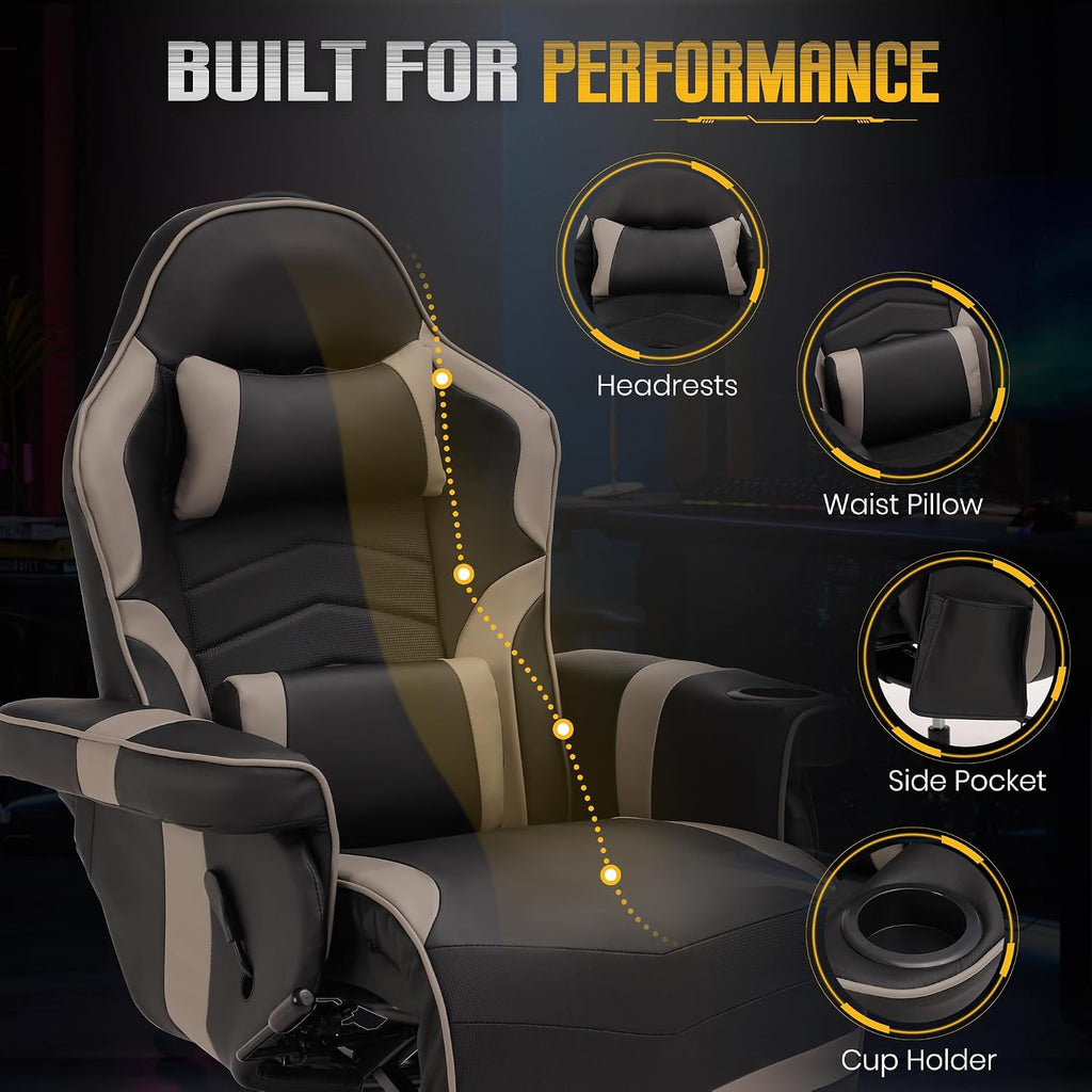Massage Gaming Recliner Chair with Cup Holder & Side Pockets – Ergonomic PU Leather Video Gaming Chair with Footrest, Manual Recline, Headrest & Lumbar Support for Office or Game Room (Grey)